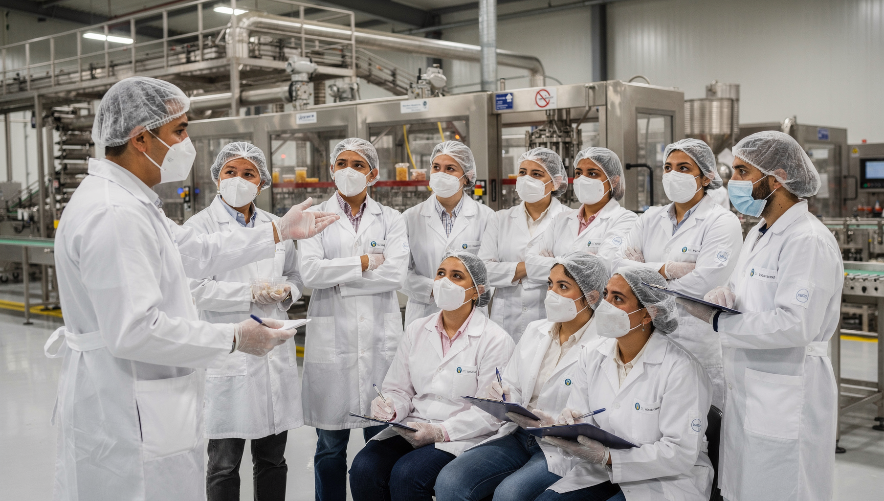 Equipo de auditores internos revisando procesos en una planta de alimentos